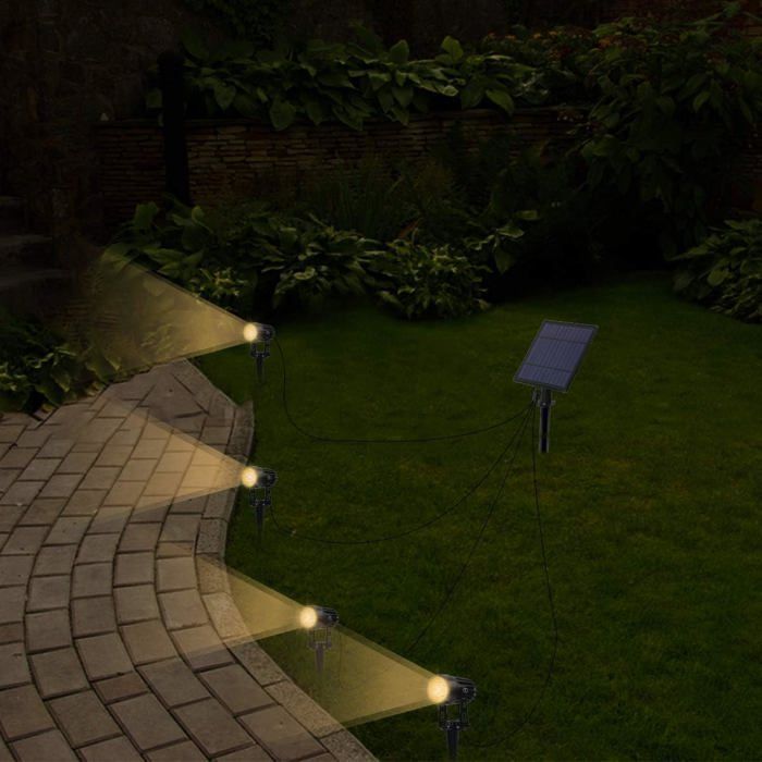 Conjunto de 4 holofotes solares, luzes solares para jardim, luzes solares externas à prova d'água, refletores solares LED de 3000K com cabo de 12 m.