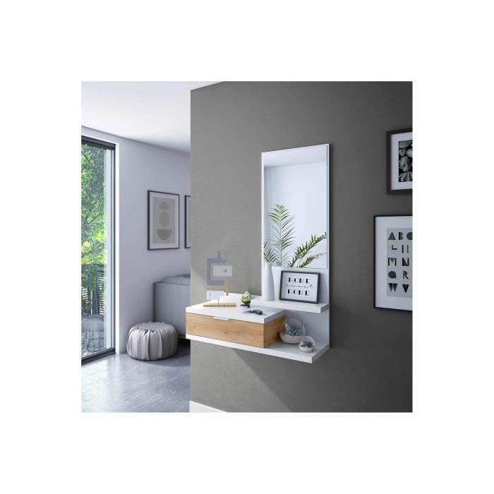 Mueble de entrada Dahlia con espejo y cajón - VMO HOME - Artik Blanco y Roble Nodi
