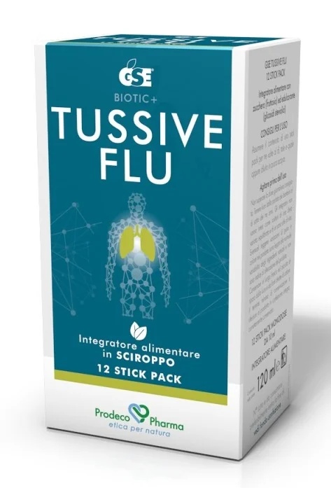 GSE Tussive Flu verpakking van 12 zakjes. Verlichting van slijmerige hoest.