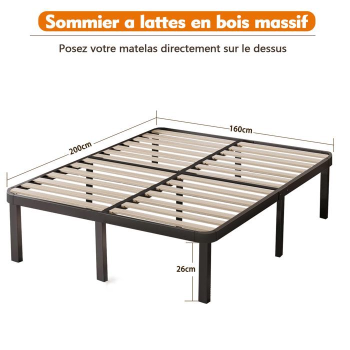 Sleivant - Sommier 160x200cm avec 9 Pieds | Lit avec Sommier à Lattes pour Adulte | 28 Lattes | Montage Rapide et Facile