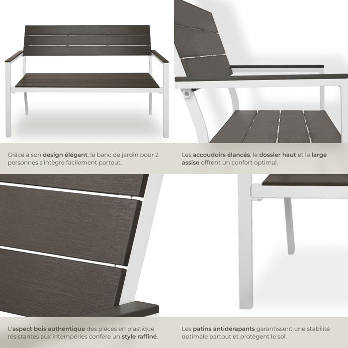 Tuinbank - TECTAKE - LINE 2-zits tuinbank van aluminium met houtlook, 128 x 59 x 88 cm - Lichtgrijs/Wit