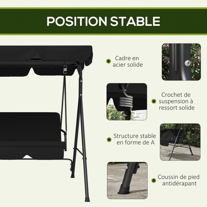 Columpio de jardín Outsunny de 3 plazas con toldo inclinable ajustable, cojines para asiento y respaldo, 1,72 m de largo x 1,1 m de ancho x 1,53 m de alto, acero negro.
