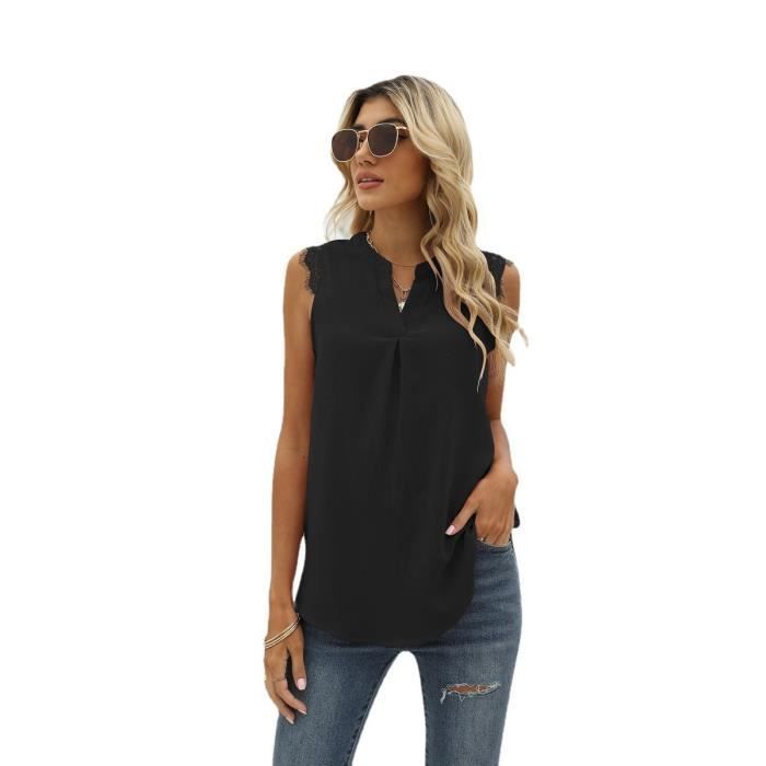 T-shirt Femme - FONDUPIN - Col V - Sans manche - Empiècement Dentelle - Noir