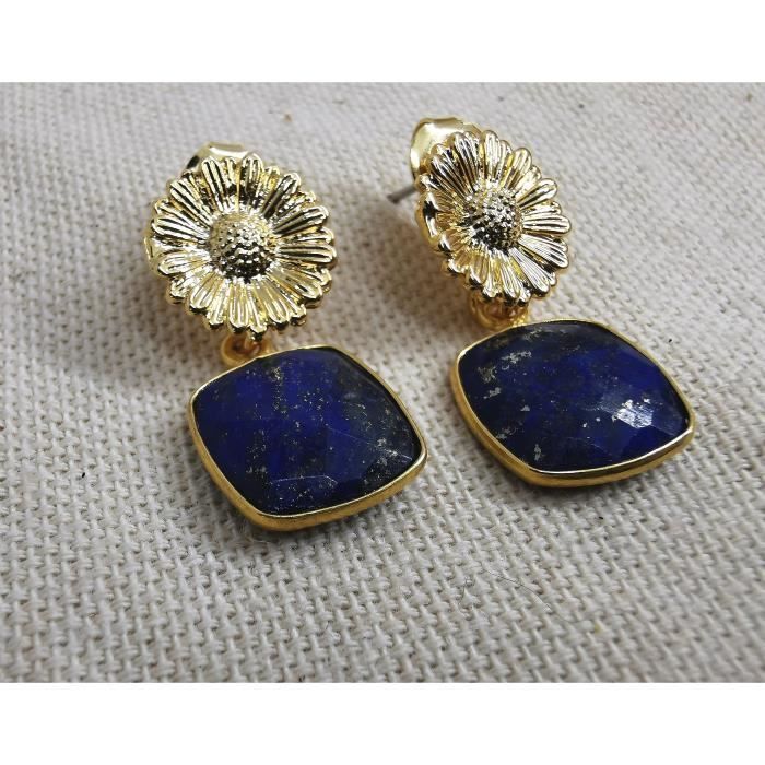 Boucles oreille MISTINGUETTE clou fleur de tournesol doré et pierre carré en lapis laz