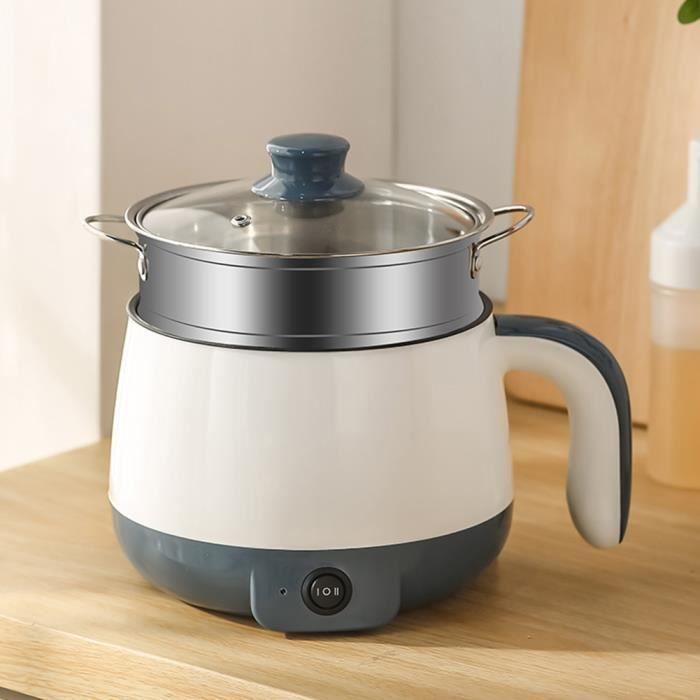Mini olla eléctrica multifunción manual de 600 W con cesta vaporera para freír, cocinar al vapor, saltear y asar a la parrilla (azul-blanco)