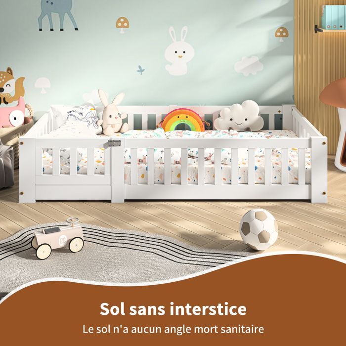 Cama baja de 90x190 cm, LUMINARIX, Cama infantil de 90x190 cm con barandillas de seguridad, base de láminas, Pino macizo, blanco