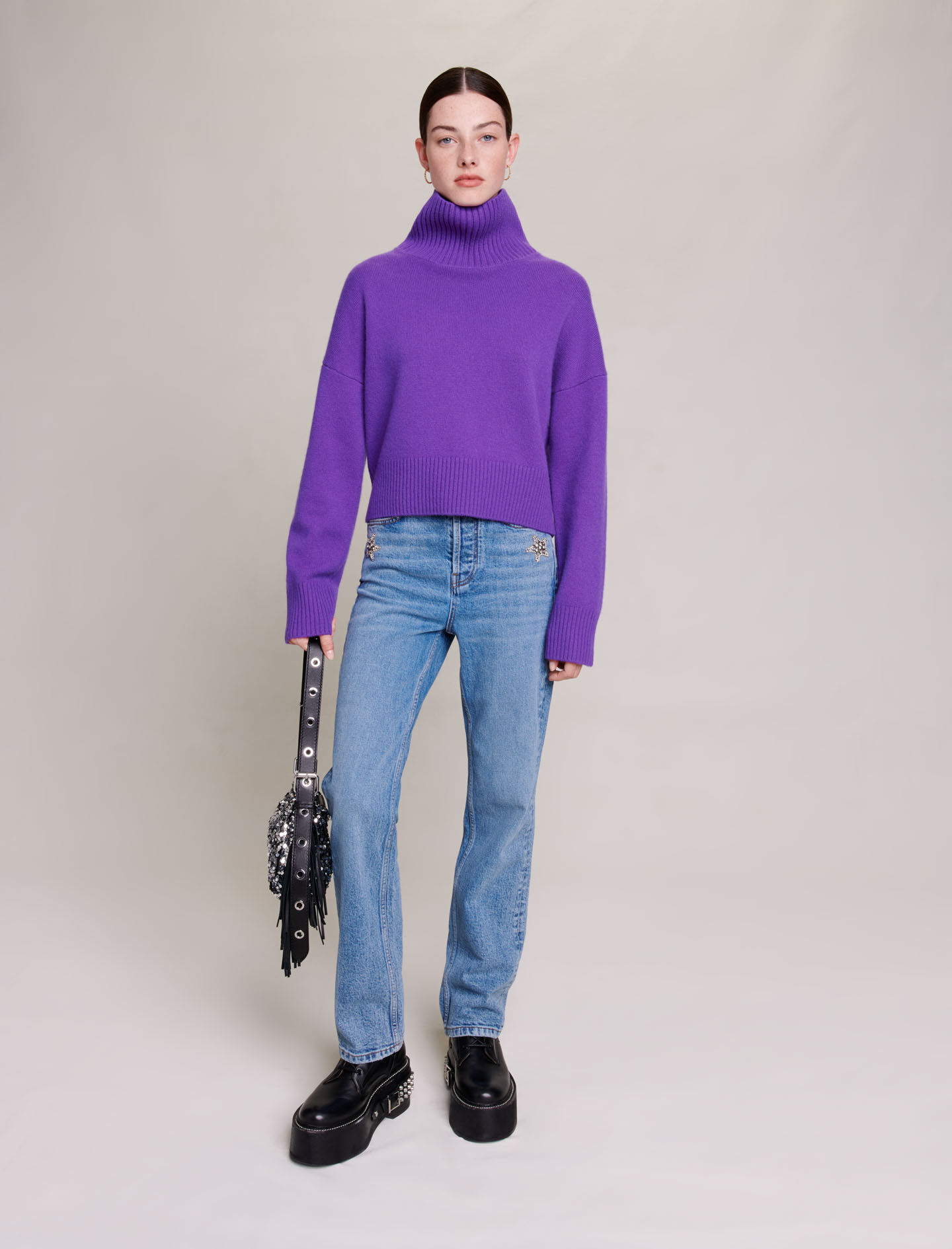 Pulover din cașmir cu guler înalt - Violet