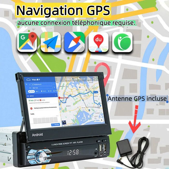 NEUFU Radio para coche de 7'' 1DIN con Bluetooth, GPS, navegación estéreo, MP3, MP5, USB, AUX y radio FM.