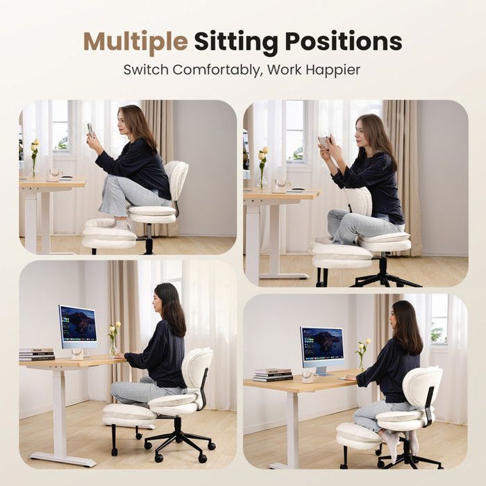 Sedia da ufficio beige con gambe incrociate e rotelle.