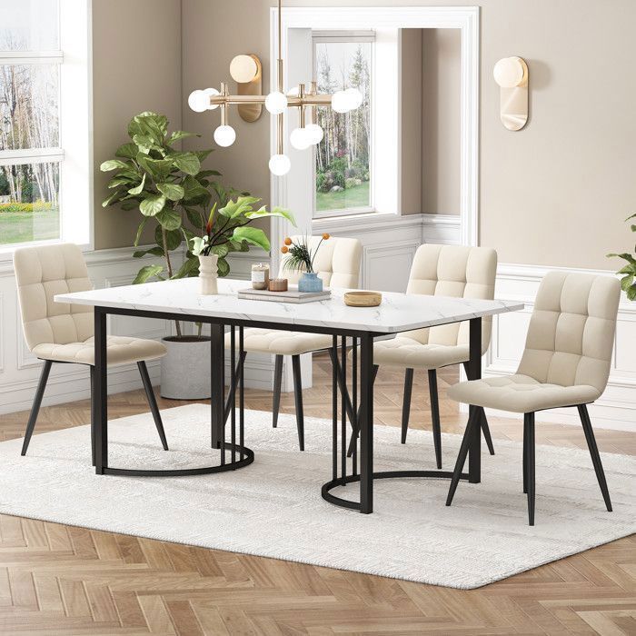 140×80 cm Ensemble Table à Manger avec 4 Chaises , Set Table et Chaise Cuisine Salon Moderne ,  Chaises en Velours Beige
