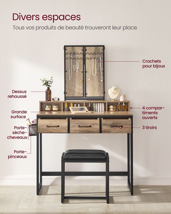 Dressing Table with Stool, Triple Mirror, 3 Drawers, Hair Dryer Holder, Pot - VASAGLE - Wood Brown, Black
