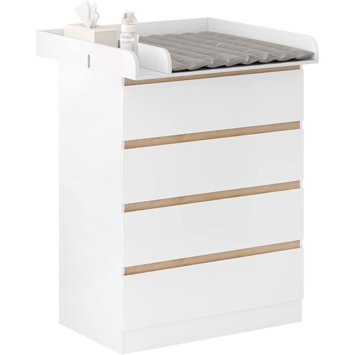 Cambiador WOLTU, cómoda cambiador para bebés con 4 cajones, MDF y madera de ingeniería, 80x75x109,2cm, blanco WT008ws
