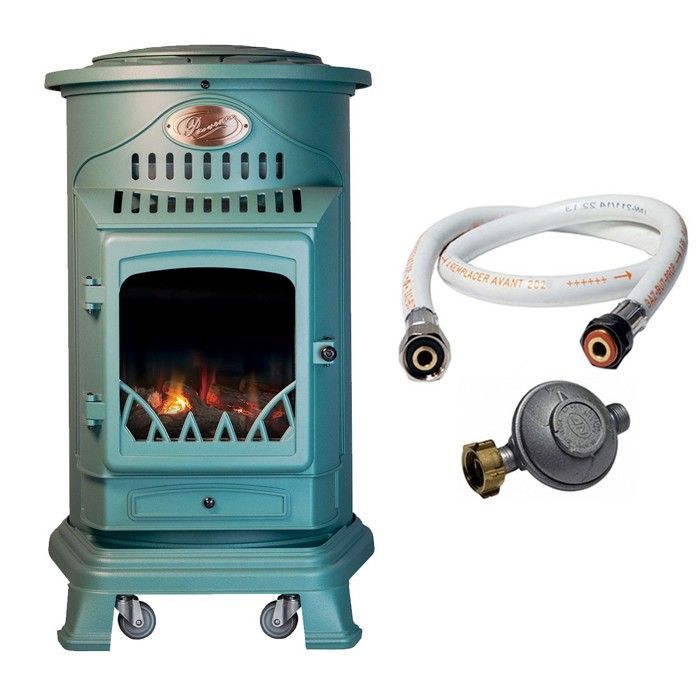 Estufa de gas de hierro fundido verde de 3,4 kW con efecto de estufa de leña + manguera de gas + regulador de butano Provence UNIVERSAL