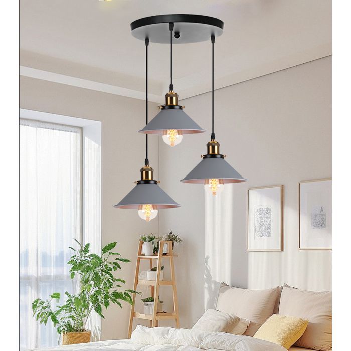 U-Do Suspension Luminaire Rétro 3 Têtes Lustre Cage en Fer Gris Lampe Disque Noir E27 22CM décoration Salle à Manger Cuisine