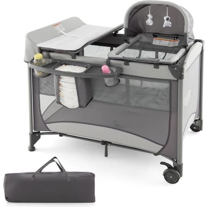 DREAMADE 5-in-1 Foldable Baby Travel Cot with Changing Table, Mattress, Removable Bassinet, Wheels with Brakes, 0-3 Years, Grey