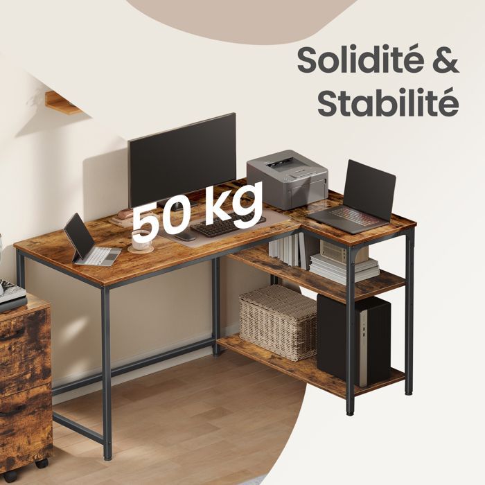 L-shaped desk, adjustable shelves with storage, 120 x 80 cm, brown