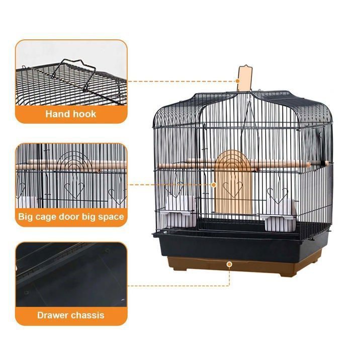 Volière pour Oiseaux Cage Canaries Perroquet Perruches Cacatoès Ara - métal - 48x48x17cm - Noir