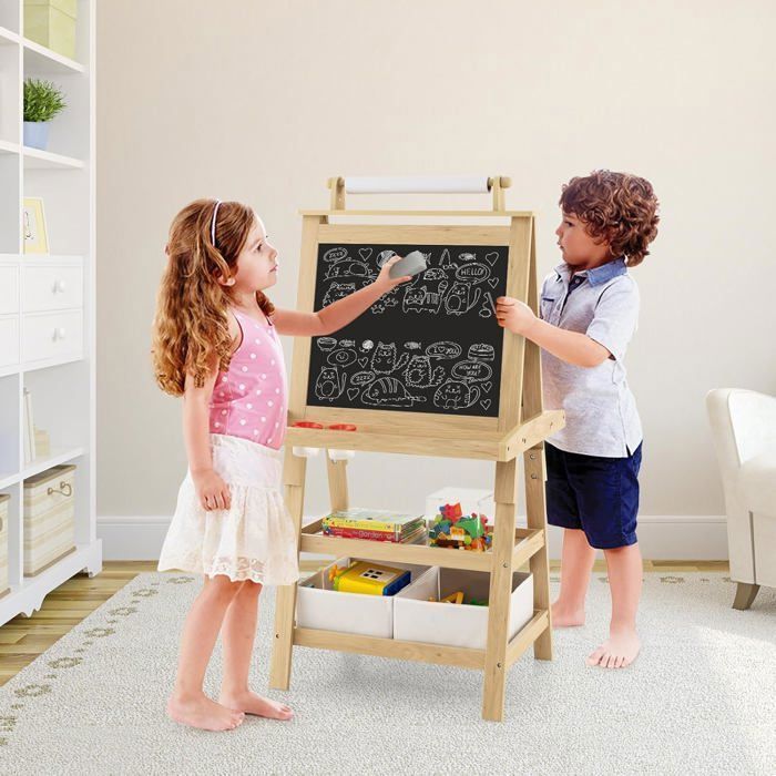 Caballete infantil COSTWAY (magnético, blanco y negro), rollo de papel (papel incluido), 3 estantes y 2 cajas de almacenamiento de materiales naturales.
