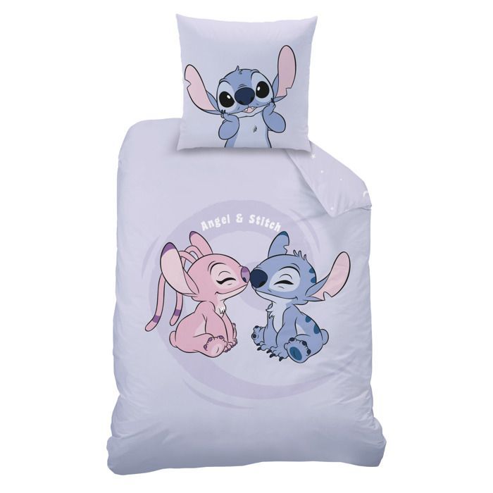 Parure de lit enfant avec drap housse 100% Coton - DISNEY STITCH HAPPY - Violet - 140x200+63x63cm + 90x190cm