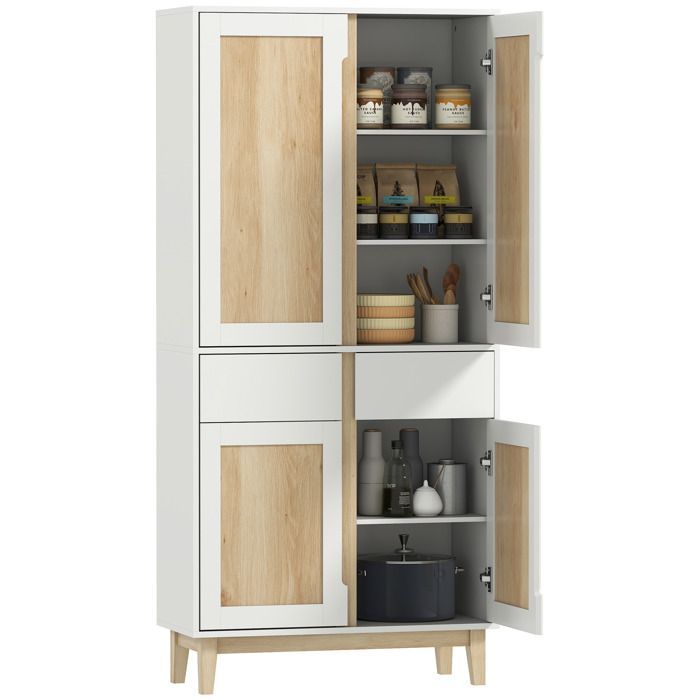 Aparador alto de cocina - HOMCOM - 4 puertas, 2 cajones, estantes ajustables - MDF y aglomerado - 80x35x170cm - blanco y roble