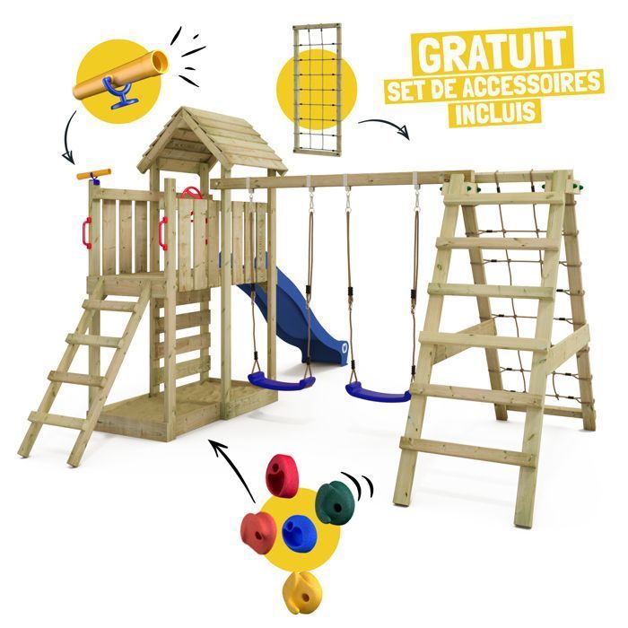 Zona de juegos de madera WICKEY RocketFlyer con columpio doble, tobogán antracita de 220 cm y módulo de escalada – 10 años de garantía*