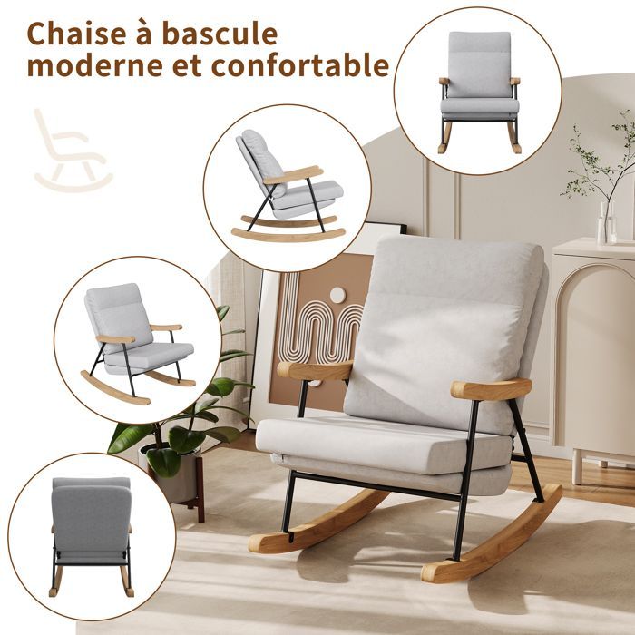 Fauteuil à Bascule Scandinave,Chaise Allaitement Ergonomique en Lin,Structure Bois Massif et Métal,Fauteuil de Relaxation pour Salon