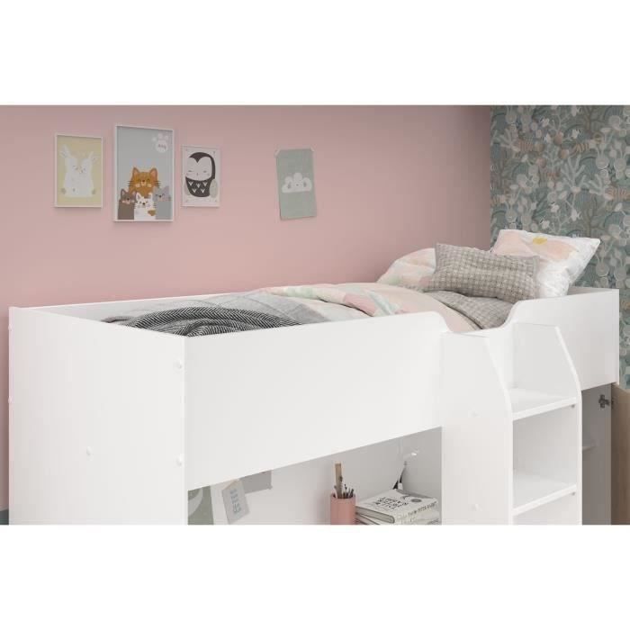 Lit combiné mezzanine enfant - TOM - Blanc et chêne - Armoire, bureau et sommier inclus