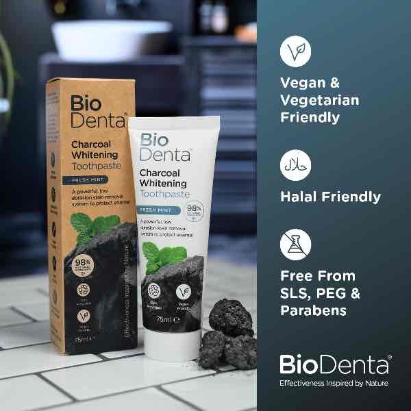 Pasta dental blanqueadora natural BioDenta con carbón vegetal, vegana, 75 ml.