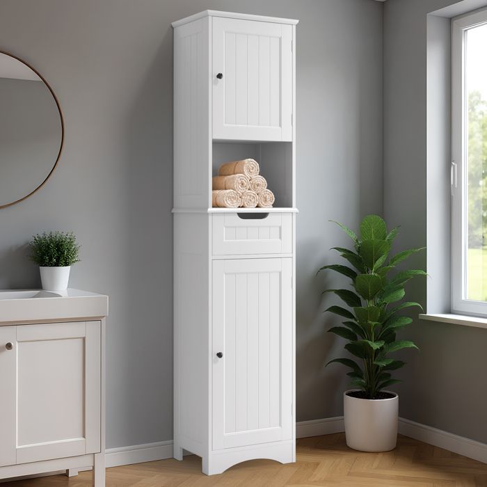 Mobiletto da bagno Bealife con colonna, 1 cassetto, 1 ripiano a giorno, 1 ripiano regolabile e 2 ante, altezza 170 cm, bianco.