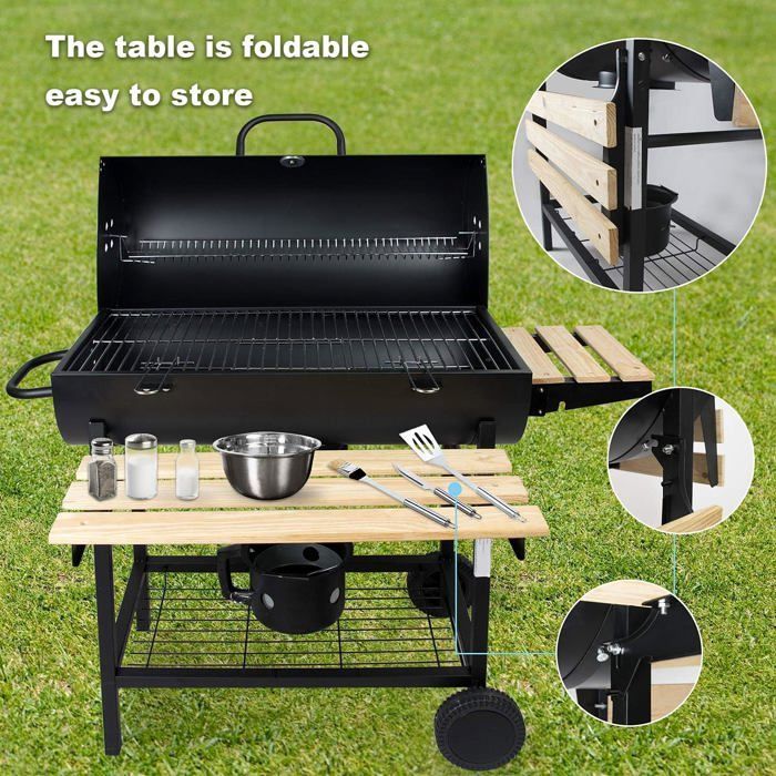 SunJas Barbecue à Charbon de Jardin avec 2 Roues en Bois BBQ XXL