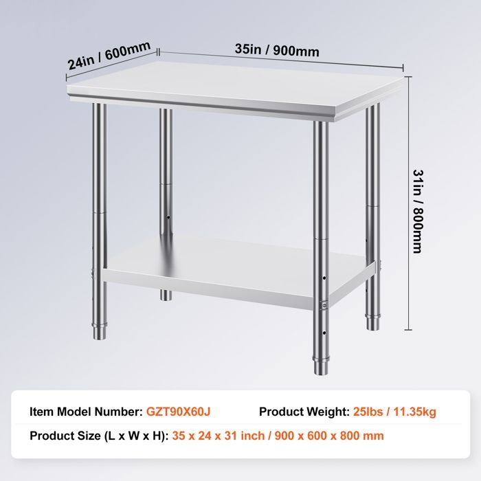 Tavolo da lavoro da cucina Duoku in acciaio inox - Tavolo di preparazione - 900 x 600 x 800 mm - 3 altezze regolabili - Portata massima 318 kg