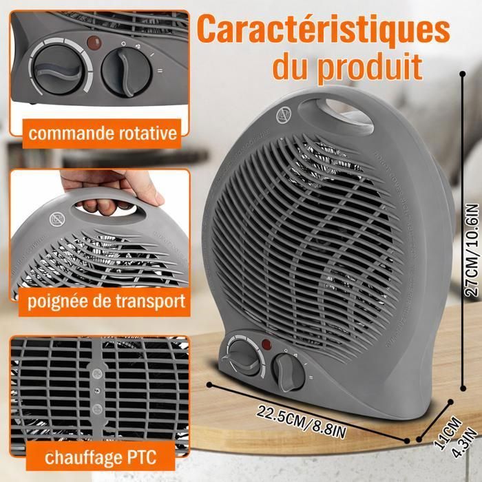 Calefactor auxiliar de 2000 W, calefactor portátil con ventilador y 2 niveles de potencia (1000/2000 W), sistema de seguridad antivuelco.