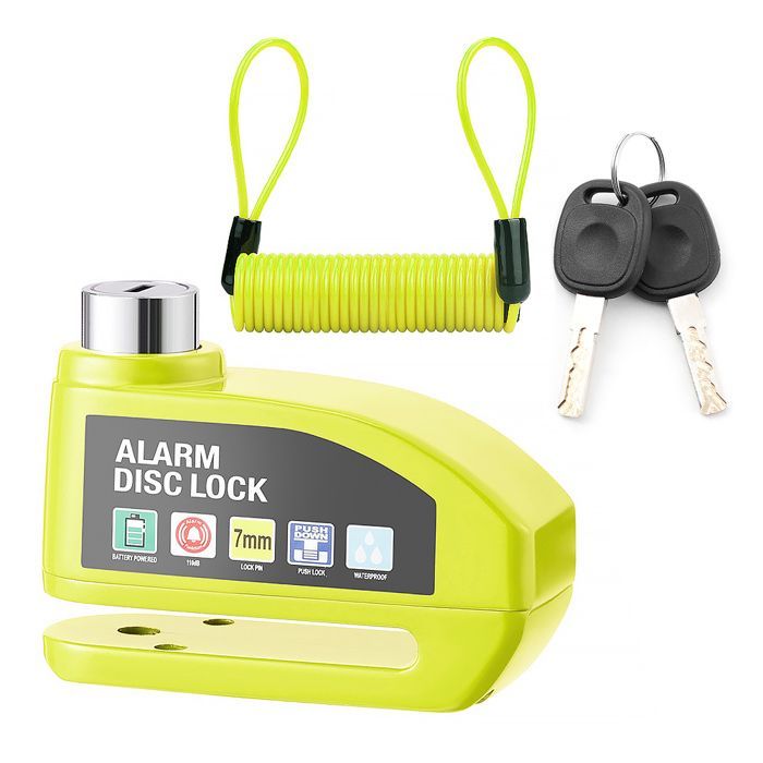 Candado de disco con alarma antirrobo, para bicicletas, patinetes eléctricos, motocicletas, etc., color amarillo (cable de seguridad incluido).
