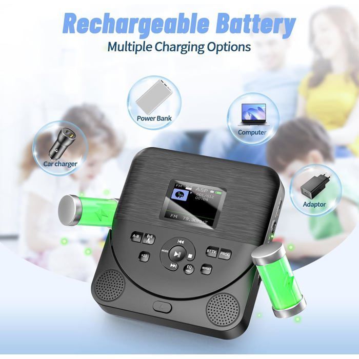 Lecteur CD Portable, Lecteur CD Bluetooth avec Haut-parleurs/écouteurs/écran, Rechargeable Player Voiture avec émetteur FMx, Noir