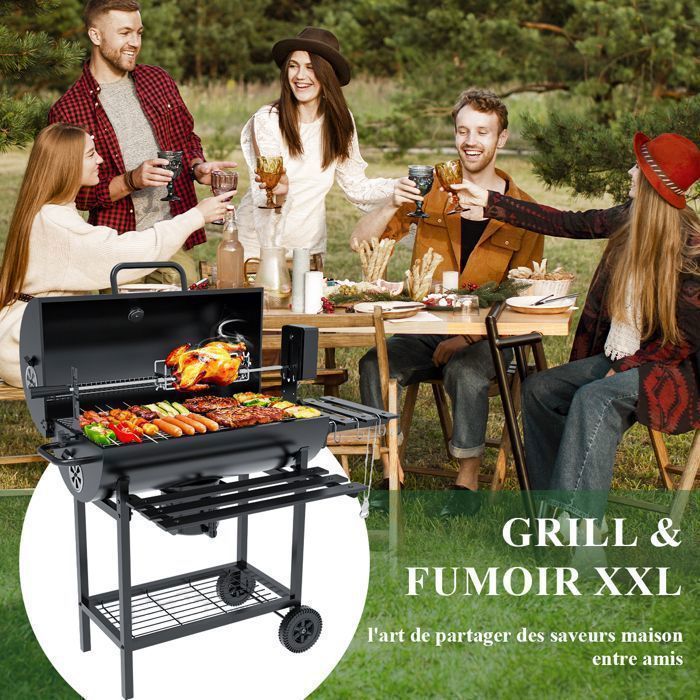 Charcoal Barbecue with Cooking and Warming Rack - Barbecue with Thermometer, Electric Rotisserie, 2 Folding Side Shelves