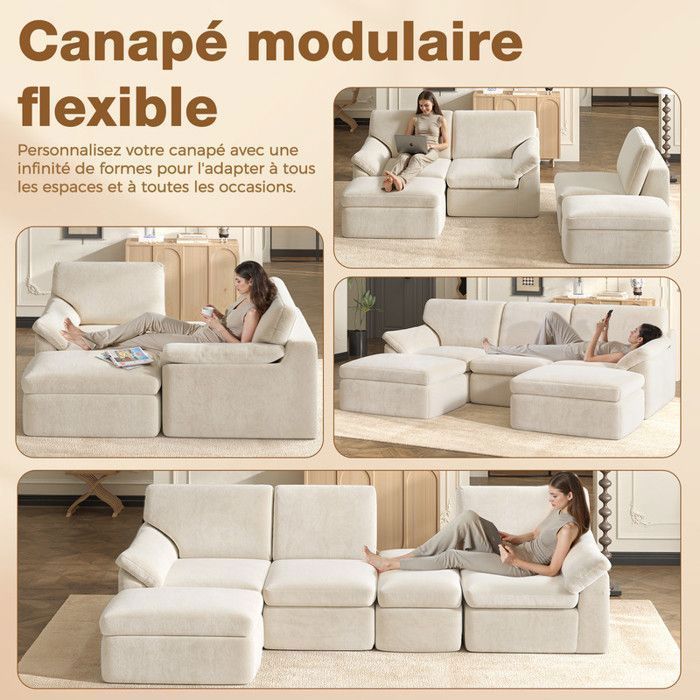 Canapé d'angle Convertible 5 pcs, Tissu velours polaire beige, Canapé avec 5 Oreillers et 2 repose-pieds, 240 x 140 x 65 cm