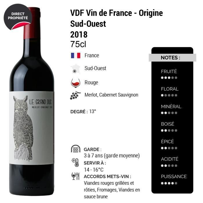 Vin de France - Origen Suroeste Le Grand Duc Rouge 2018 - Caja de 6 x 75cl - Les Frères Moine - Vino tinto VDF del Suroeste - Variedades de uva
