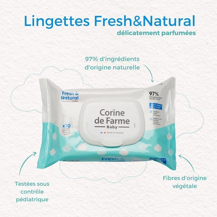 Lenços Umedecidos para Bebê Natural Freshness - 70 unidades com Fibras Vegetais | 97% de Origem Natural e Tampa Reutilizável
