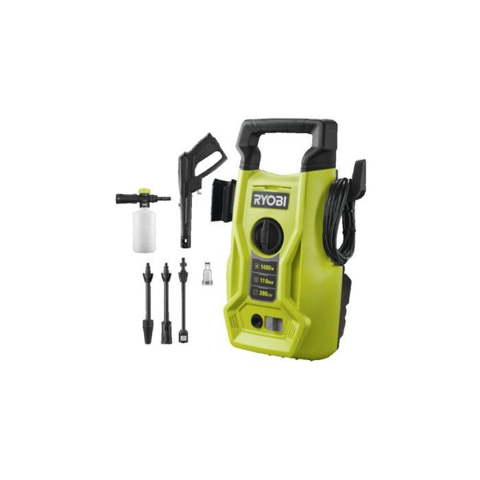 Hidrolimpiadora RYOBI de 1400 W - 110 bar - 390 L - Manguera de PVC de 5 m - Lanzas Vario y Turbo - Boquilla para detergente - RY110PWA