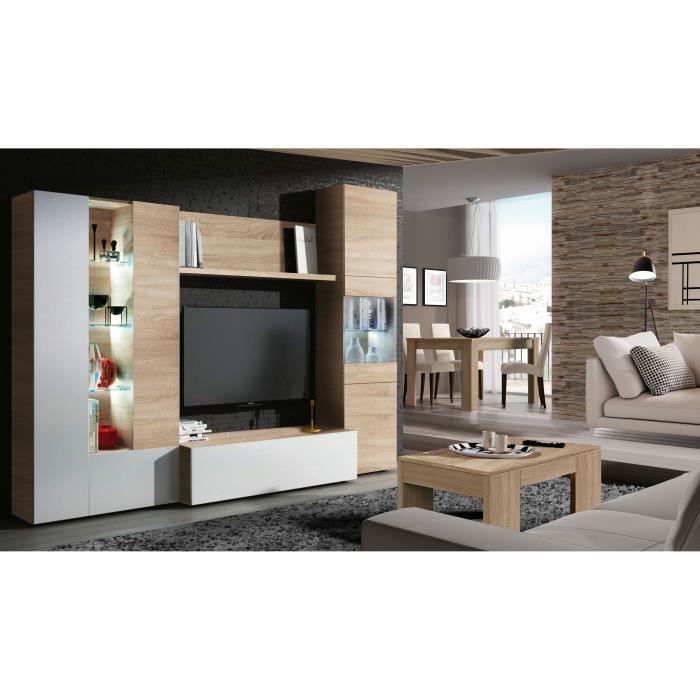 Mueble de TV ESSENCIAL con iluminación LED blanca clásica de alto brillo y acabado en roble - 260 cm de ancho