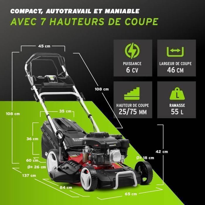 Greencut GLM770XE benzinegrasmaaier - 150cc 4 pk - zelfrijdend - elektrische start - maaibreedte 46 cm - grasopvangbak 55 liter