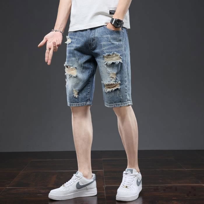 Men's Summer Ripped Denim Shorts Slim Fit Casual Summer Bermuda Shorts - Blue