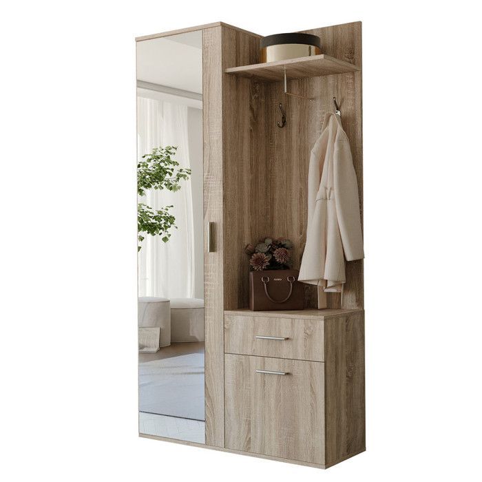 LEA Kleiderschrank mit Spiegel – Garderobenständer mit Haken und Schublade – Sonoma-Eiche – 97 x 30 x 195 cm
