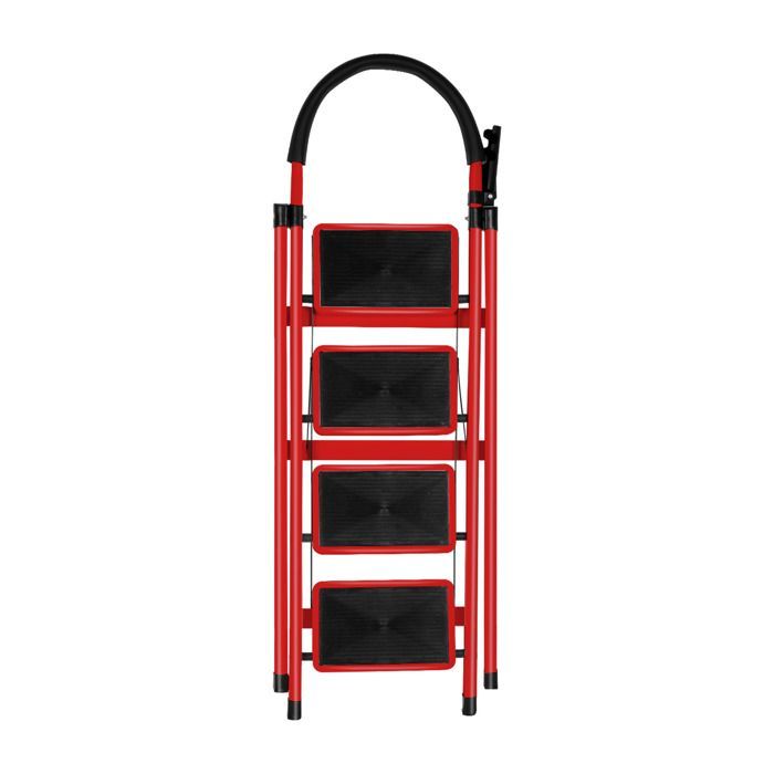 Escalera plegable de acero de 4 peldaños, color rojo, de 133 cm de altura, con asa y plataforma antideslizante, capacidad de carga de 150 kg.