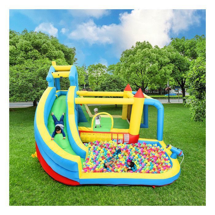 Château Gonflable 5 en 1 Enfants 3-10 Ans, Structure Gonflable avec Toboggan, Panier Basket, Aire Saut, 364×315×239 cm-Oxford Bleu