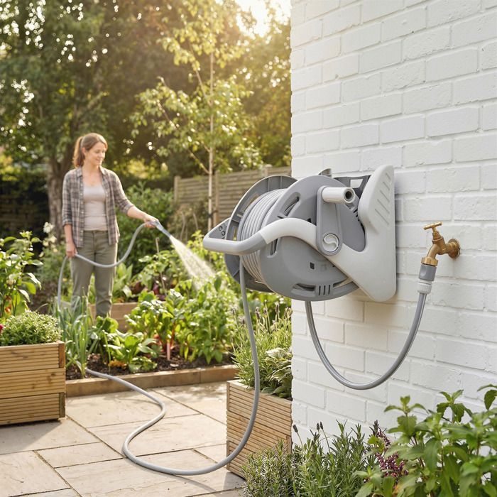 Enrollador de manguera de jardín de pared de 20+2 m x Ø 15 mm, dispensador de manguera de agua portátil, boquilla de 2 modos, gris