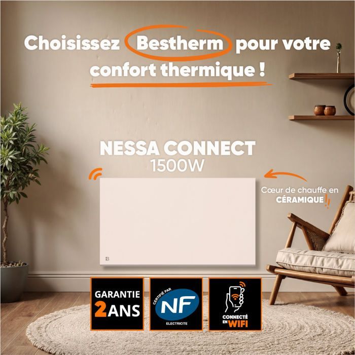 WiFi-connected fixed electric radiator with ceramic dry inertia - BESTHERM - NESSA CONNECT 1500W - horizontal white - NF