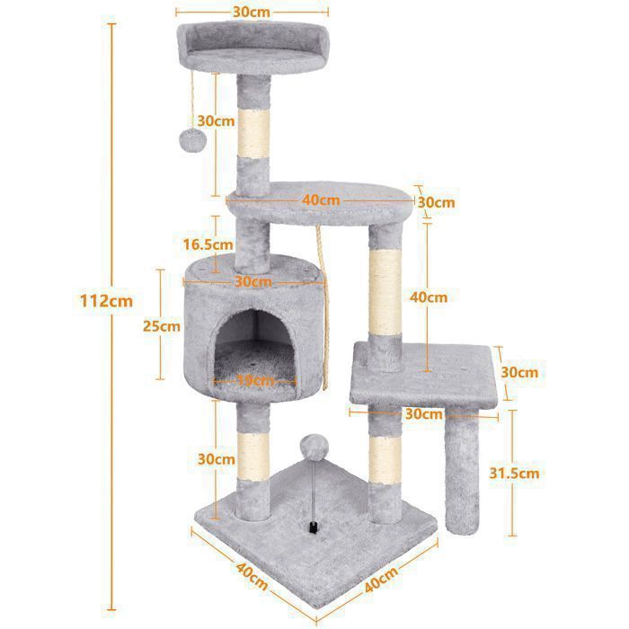 Gris Arbre à Chat,112cmTour de Jeux Stable pour Chat,Arbre à Grimper Multi-Niveaux avec4Poteaux en Sisal,3Plateformes