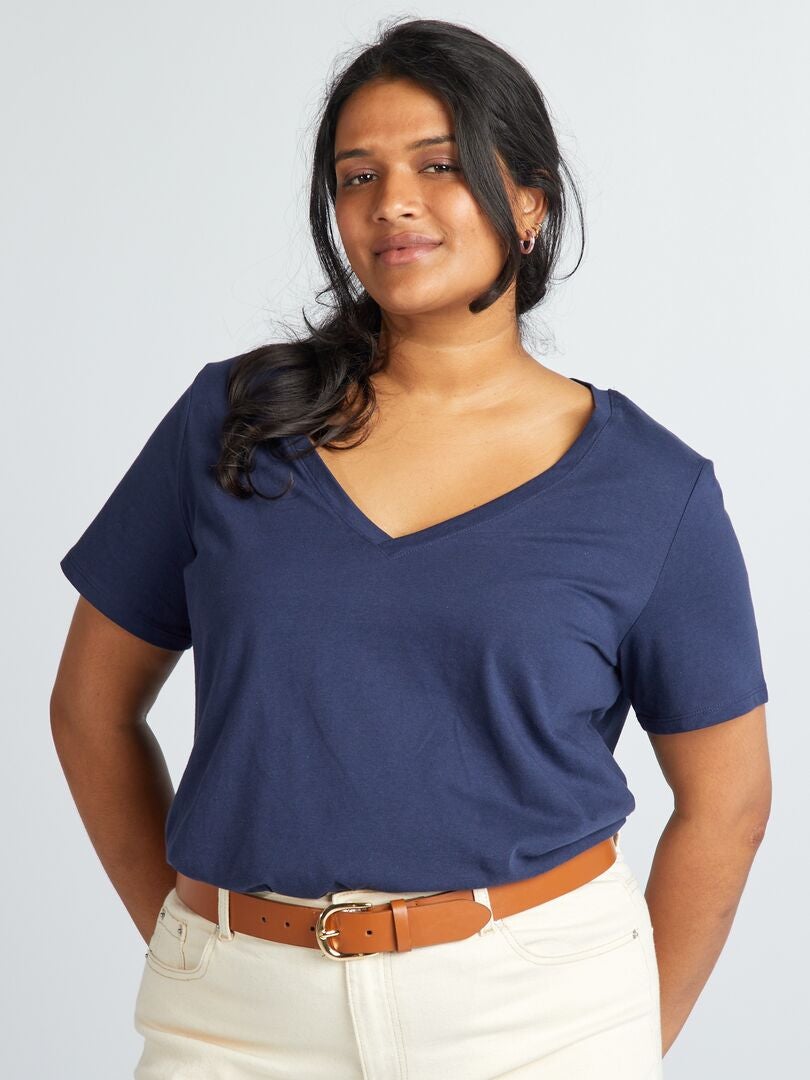 T-shirt met V-hals van jersey - Blauw Zwart