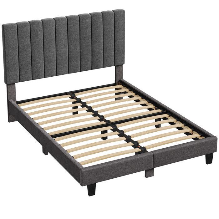 Cama HavenlyHome 140x190 cm, Cama de Linho Estofada com Cabeceira, Cama de Casal com Estrado de Ripas, Cama para 2 Adultos, Cinza